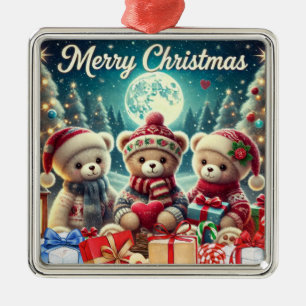 Three Cute Teddy Bears Merry Christmas Metal Ornament
