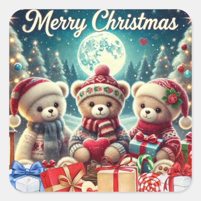 Three Cute Teddy Bears Merry Christmas Square Sticker (Front)