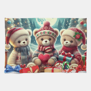 Three Cute Teddy Bears Merry Christmas Tea Towel