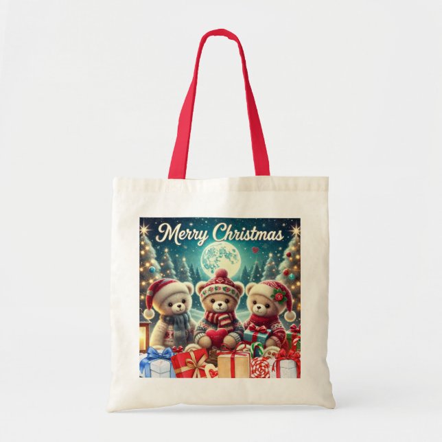 Three Cute Teddy Bears Merry Christmas Tote Bag (Front)