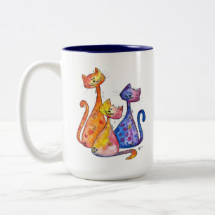 Three Cute Whimsical Cats Two-Tone Coffee Mug