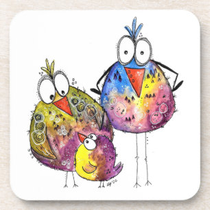 Three Cute Whimsical Colorful Birds Coaster
