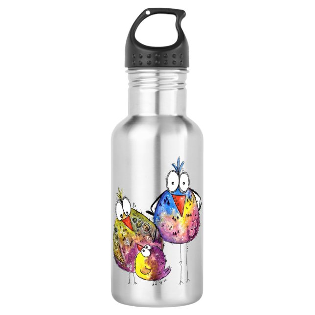 Three Cute Whimsical Colourful Birds 532 Ml Water Bottle (Front)