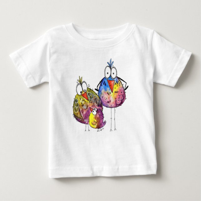 Three Cute Whimsical Colourful Birds Baby T-Shirt (Front)