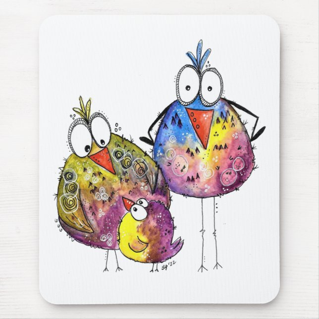 Three Cute Whimsical Colourful Birds Mouse Pad (Front)