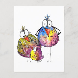 Three Cute Whimsical Colourful Birds Postcard