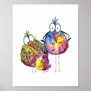 Three Cute Whimsical Colourful Birds Poster