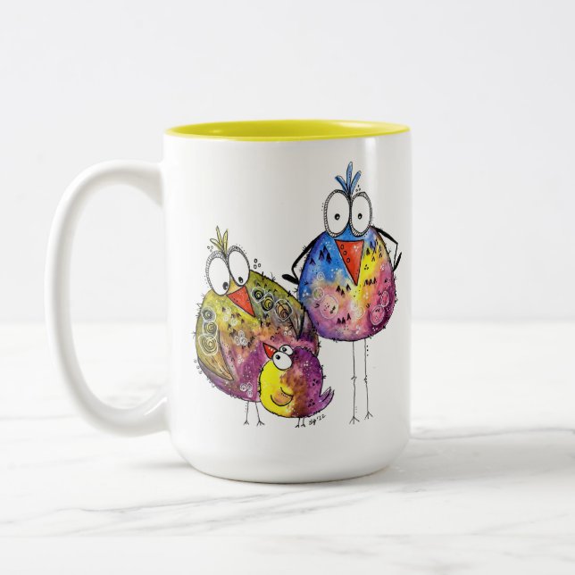 Three Cute Whimsical Colourful Birds Two-Tone Coffee Mug (Left)