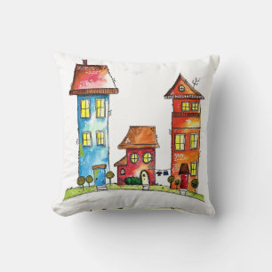 Three Cute Whimsical Houses Cushion