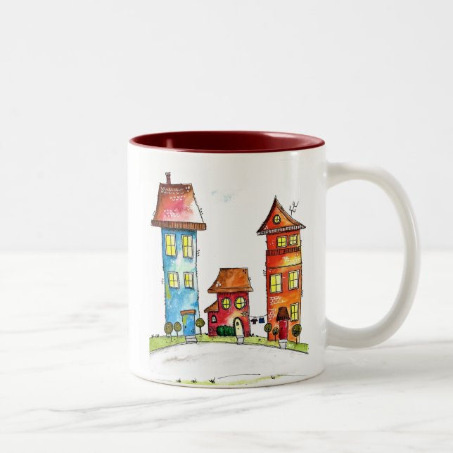 Three Cute Whimsical Houses Two-Tone Coffee Mug (Right)