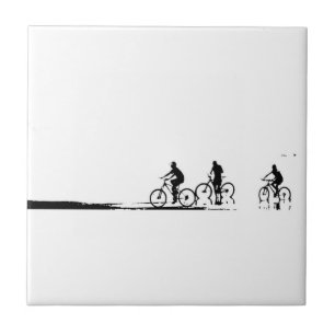Three Cyclists Cycling Beach Reflection Sketch Ceramic Tile