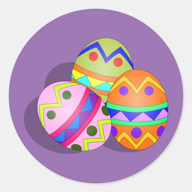 Three Decorated Easter Eggs, purple background Classic Round Sticker (Front)