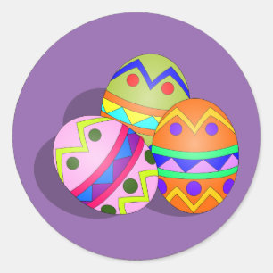 Three Decorated Easter Eggs, purple background Classic Round Sticker