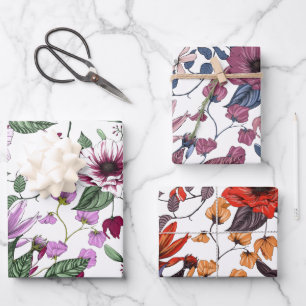 Three different colour flowers pattern wrapping paper sheet