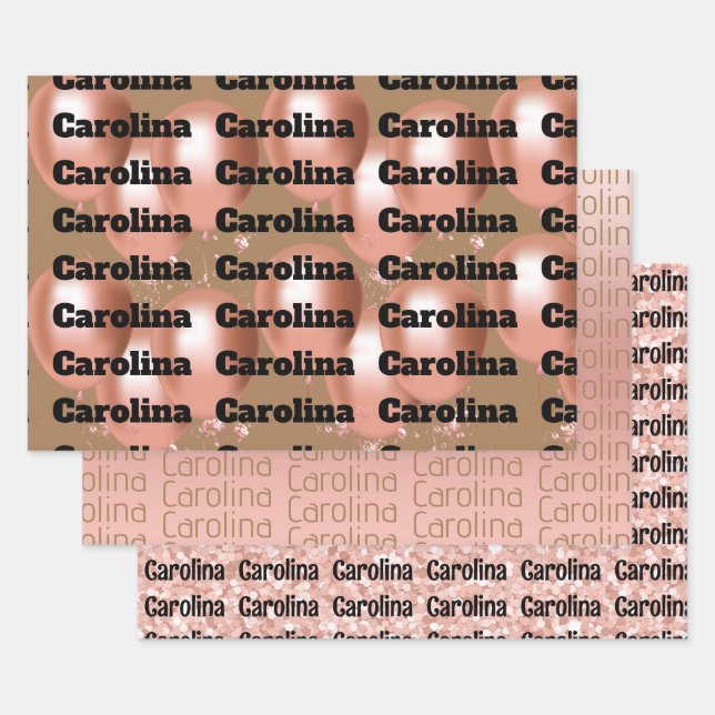 Three Different Designs Your Name Feminine Colour Wrapping Paper Sheet (Set)
