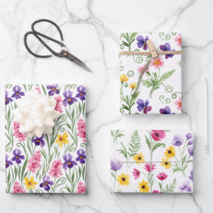 Three Different Yellow, Pink, Purple Floral  Wrapping Paper Sheet