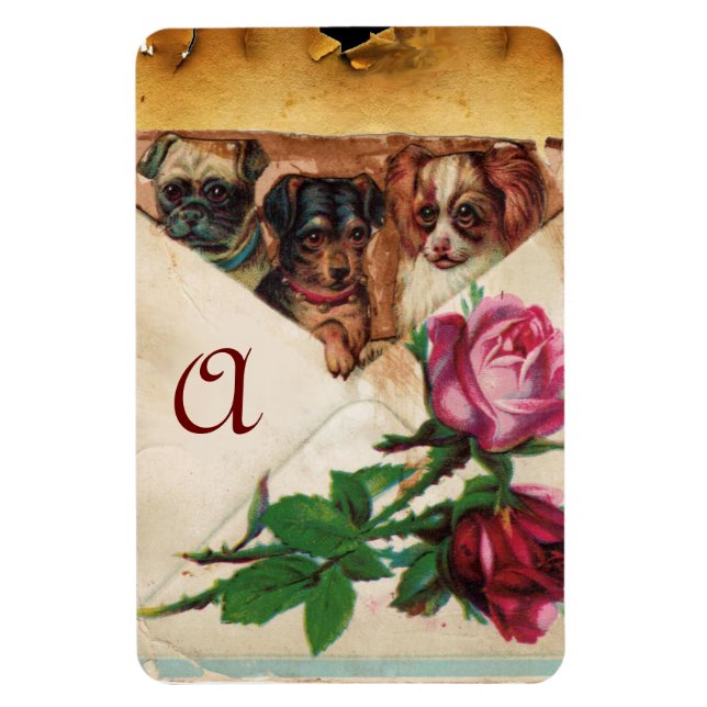 THREE DOGGIES WITH ROSES  MONOGRAM MAGNET (Vertical)