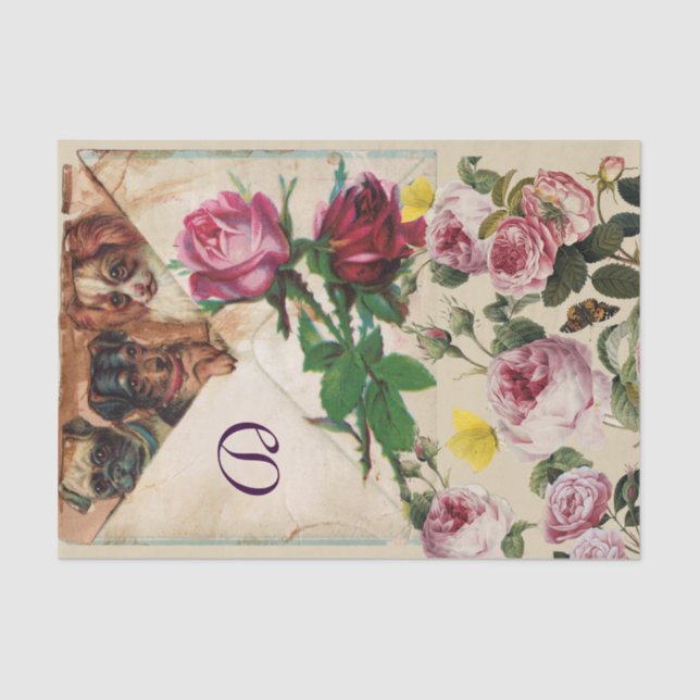 THREE DOGGIES WITH ROSES  MONOGRAM  TISSUE PAPER (Front)