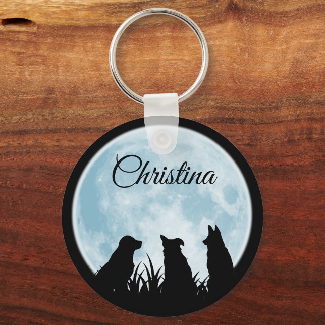 Three Dogs at Night Custom Text Key Ring (Front)