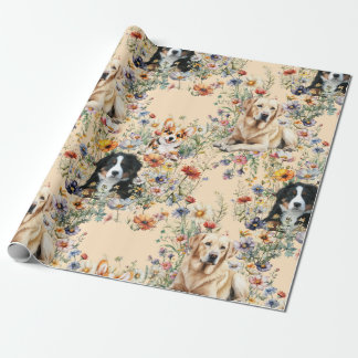 Three Dogs in Wildflowers Seamless  Wrapping Paper