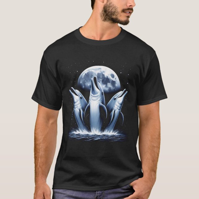 Three Dolphins Howling at Moon Like Three Wolves T-Shirt (Front)