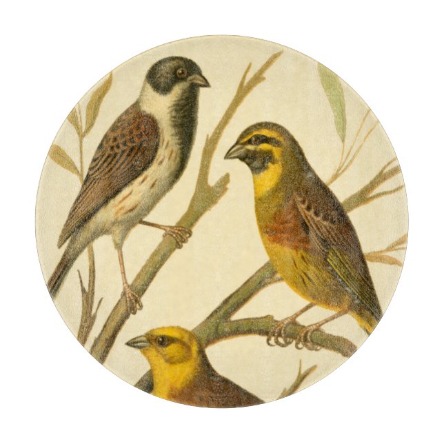 Three Domestic Birds Perched on a Branch Cutting Board (Front)