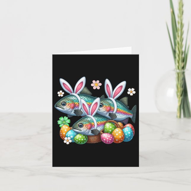 Three Easter Bunny Trout Fishes Hunting Eggs Sket  Card (Front)