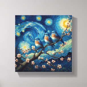 Three Eastern Bluebirds Van Gogh Art Canvas Print