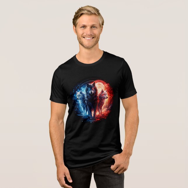 Three Elemental Wolves Under Full Moon Tri-Blend Shirt (Front Full)