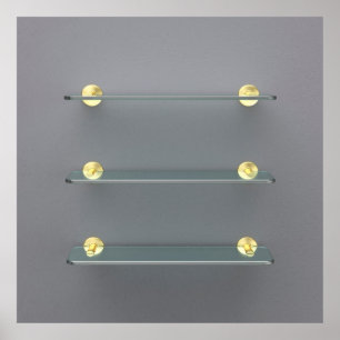 Three empty glass shelves with golden brackets on poster