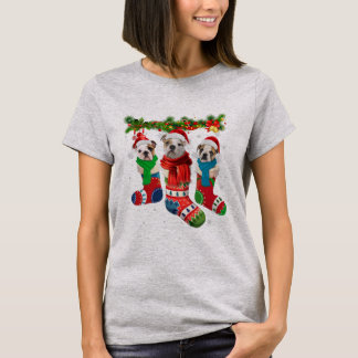 Three English Bulldogs In Christmas Socks T-Shirt
