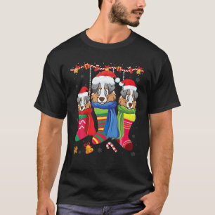 Three English Shepherd Dog Inside Christmas Socks  T-Shirt