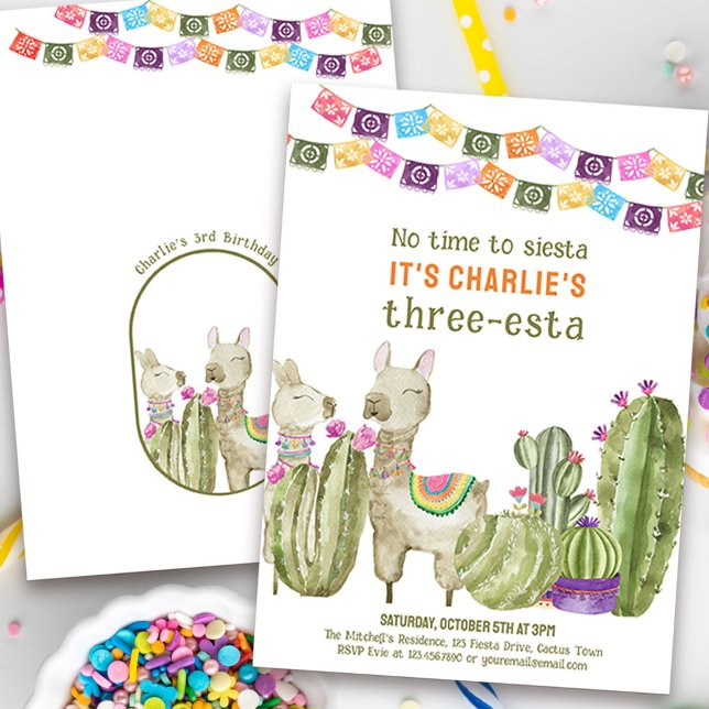 Three-esta 3rd Birthday Fiesta No time to Siesta Invitation (No time to siesta, it's a three-esta! Watercolor fiesta theme 3rd birthday invitation with cactus)