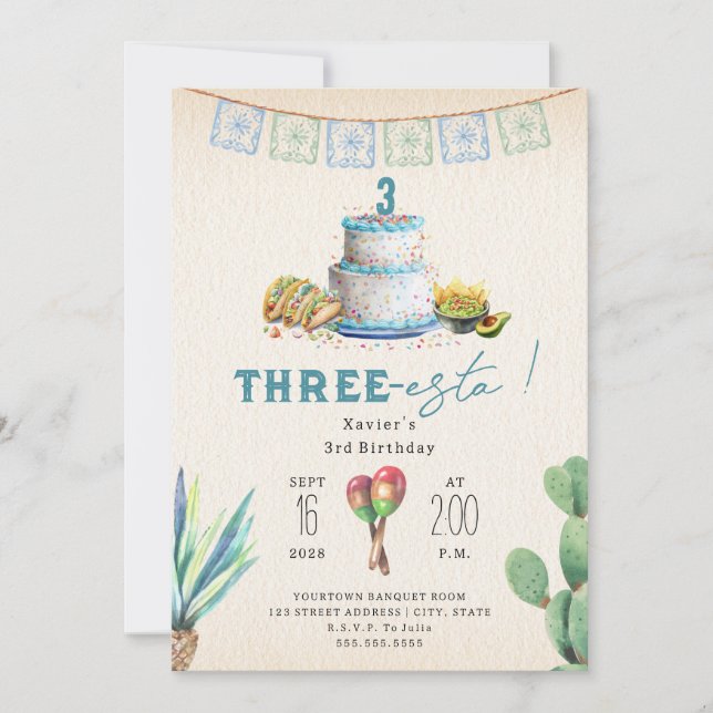Three Esta Boys Blue Third Birthday Fiesta Invitation (Front)