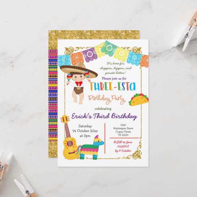 Three-esta Charro Boy Mexican Birthday Invitation (Front/Back In Situ)