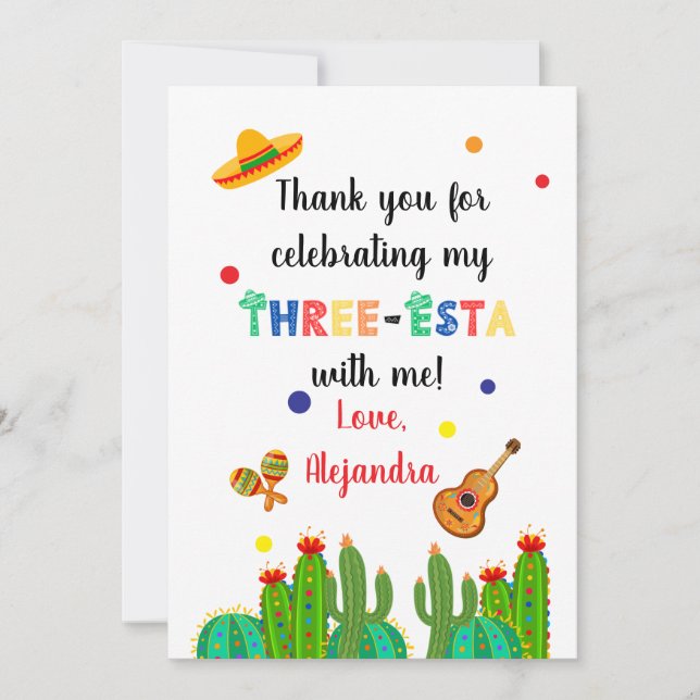 Three Esta Fiesta 3rd birthday party Thank You Card (Front)