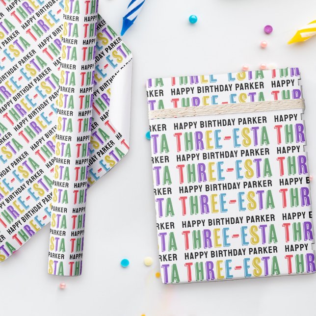 Three-esta Fiesta Colourful 3rd birthday Wrapping Paper (Get this 3rd birthday party started with Three-Esta gift wrap, personalized for your 3 year old!)