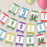 Three-Esta Fiesta Colourful Kids 3rd Birthday Bunting<br><div class="desc">3rd birthday "three-esta" fiesta party bunting, for boy or girl. This colourful design is personalised with "happy birthday [name]" at each end with the fun pun "three-esta" in the middle. The remaining flags have the number 3 and cactus illustrations. Check out our Three-Esta Fiesta 3rd Birthday Party collection for co-ordinating...</div>