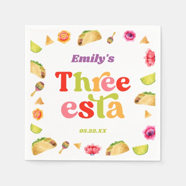Three Esta Fiesta Taco Tuesday 3rd Birthday Party Napkin (Front)
