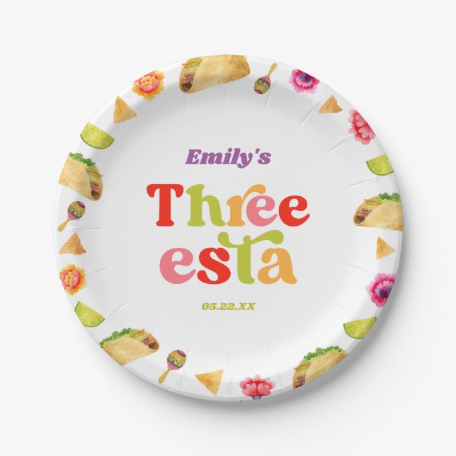 Three Esta Fiesta Taco Tuesday 3rd Birthday Party Paper Plate (Front)