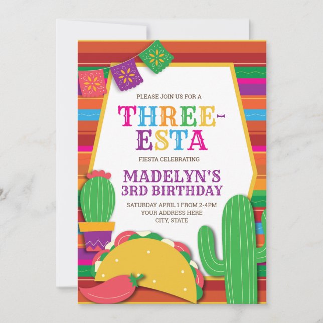 Three-Esta Mexican Fiesta Taco Third Birthday Invitation (Front)
