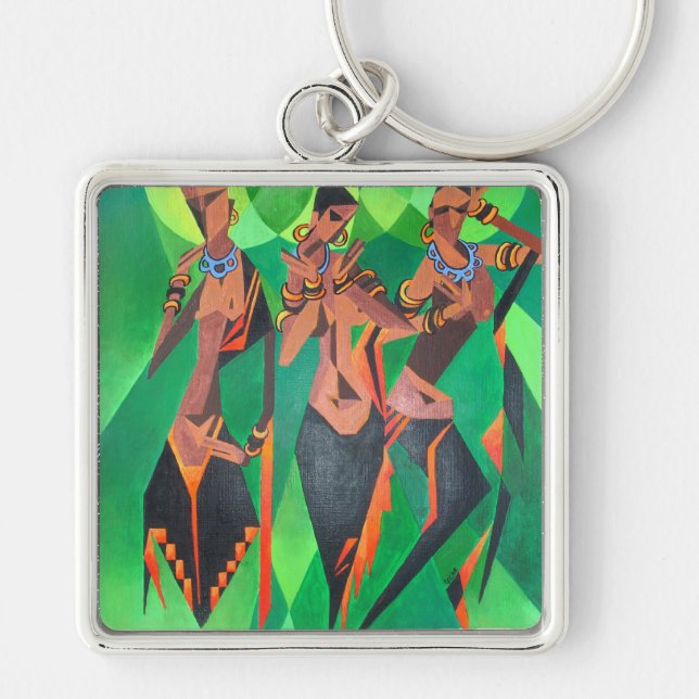 Three Ethnic Traditional Black Women Dancing Key Ring (Front)