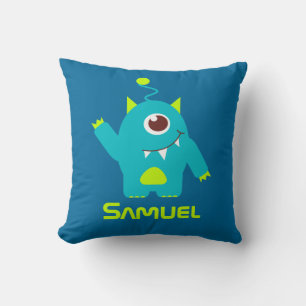 Three eyed alien blue & green kids name pillow
