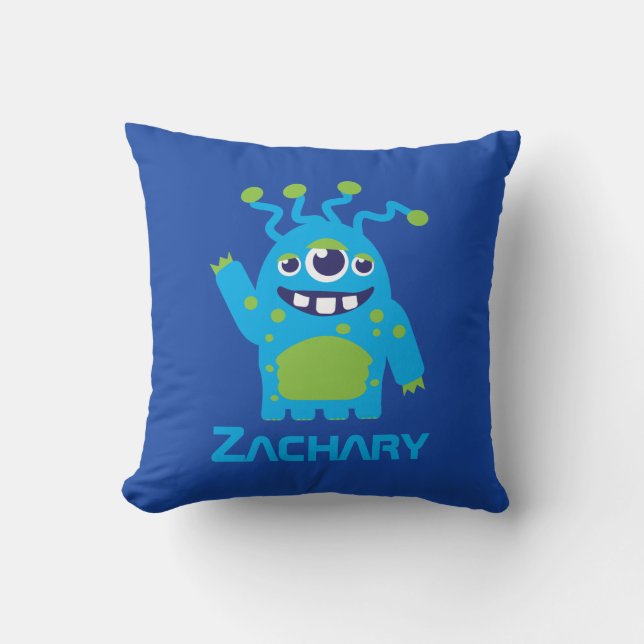 Three eyed alien blue & green kids name pillow (Front)