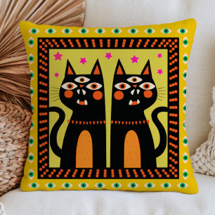 Three-Eyed Black Cats Funky Evil Eyes Maximalist Cushion