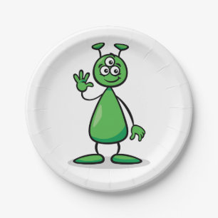 Three-Eyed Green Alien Martian Cartoon Paper Plate