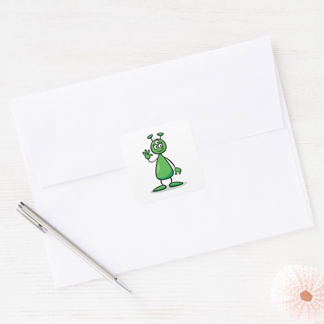 Three-Eyed Green Alien Martian Cartoon Square Sticker (Creator Uploaded)