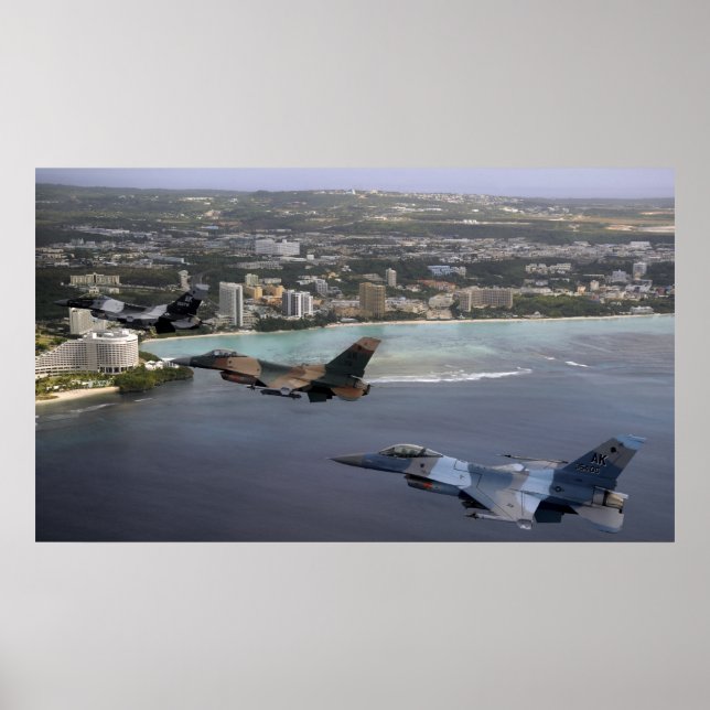 Three F-16 Fighting Falcons fly in formation Poster (Front)