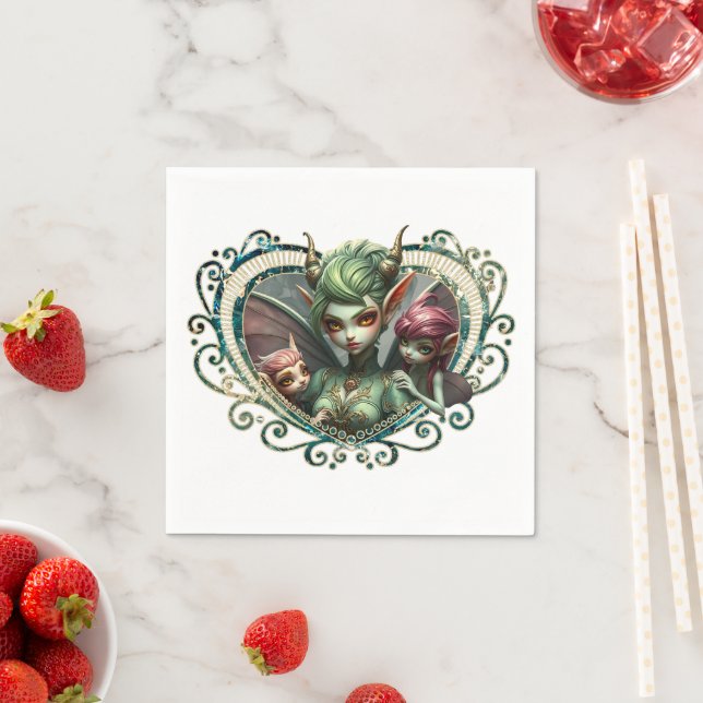 Three fairies, the companions of the magic heart.  napkin (Insitu)