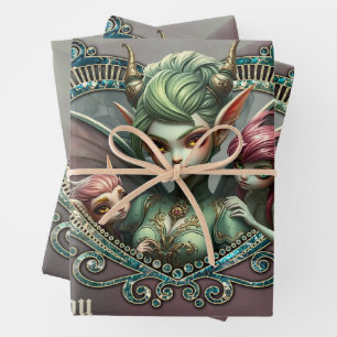 Three fairies, the companions of the magic heart.  wrapping paper sheet